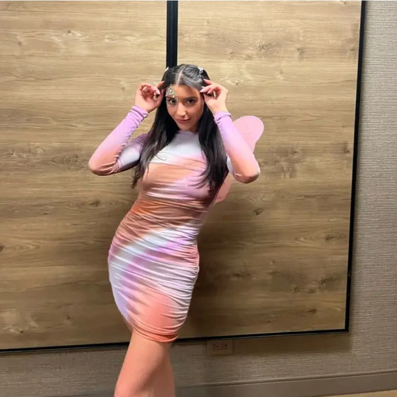 AFRM Maya Mesh Mini Dress Purple Motif Ruched Backless Long Sleeve Bodycon Sz XS - Picture 5 of 16